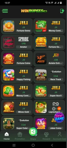 Win Rupees app home screen showing the game lobby with JILI slots and Aviator