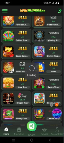 Win Rupees app game list with Golden Treasure, Cricket King and Funky Time