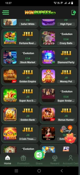Win Rupees app games library showing Evolution live casino and JILI slot titles